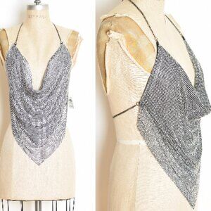 vintage Y2K disco fairy top metal mesh rhinestone chain draped backless halter